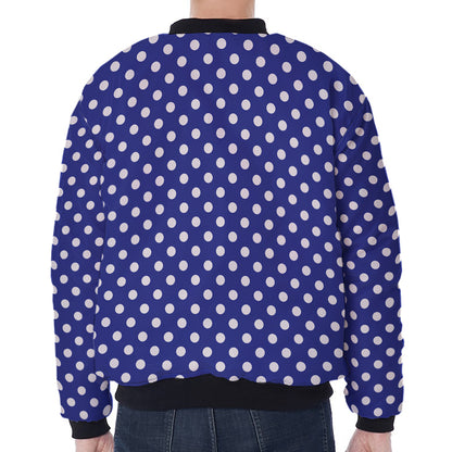 Blue And White Polka Dot Pattern Print Zip Sleeve Bomber Jacket