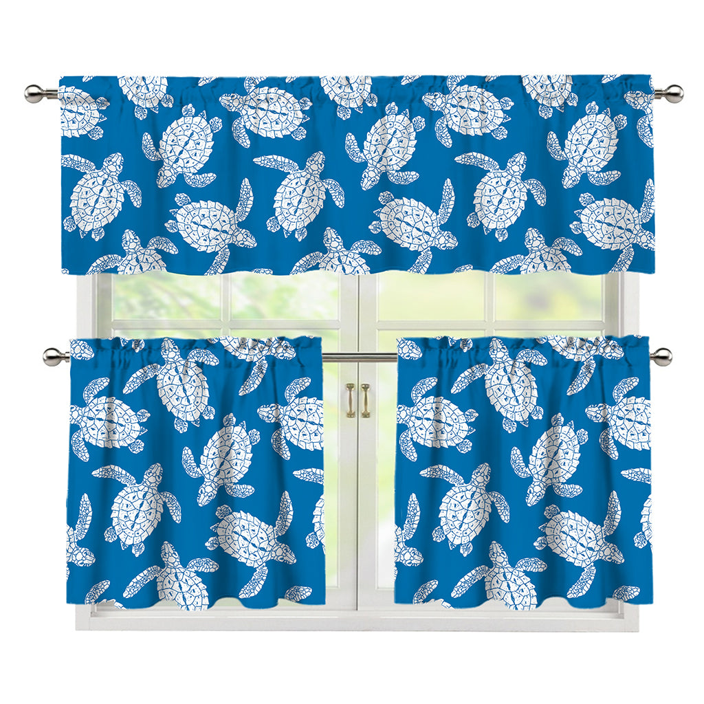 Blue And White Sea Turtle Pattern Print 3 Piece Kitchen Curtains