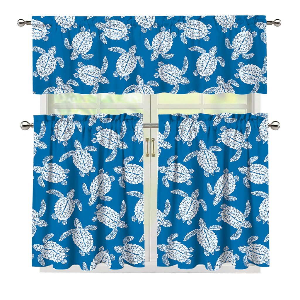Blue And White Sea Turtle Pattern Print 3 Piece Kitchen Curtains