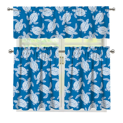 Blue And White Sea Turtle Pattern Print 3 Piece Kitchen Curtains