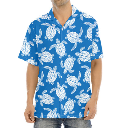 Blue And White Sea Turtle Pattern Print Aloha Shirt