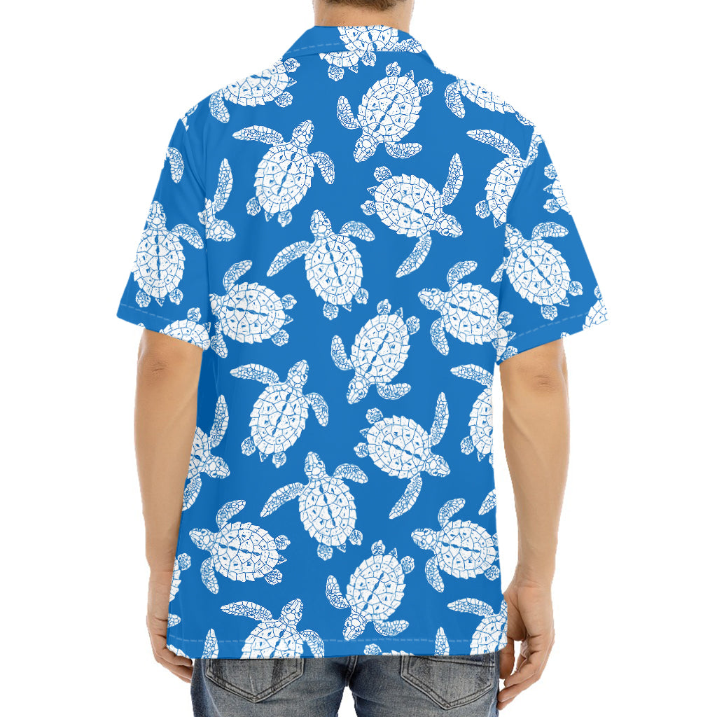 Blue And White Sea Turtle Pattern Print Aloha Shirt