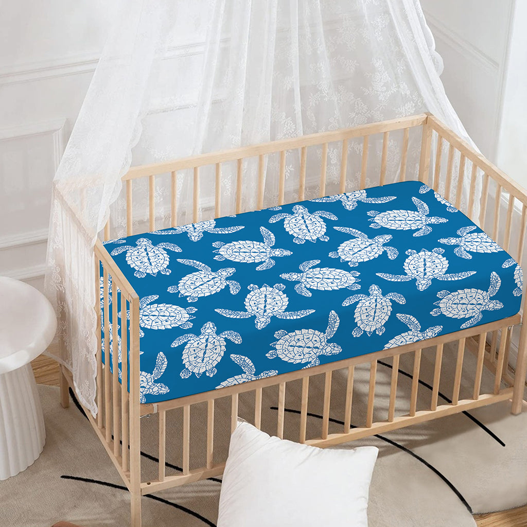 Blue And White Sea Turtle Pattern Print Baby Crib Sheet