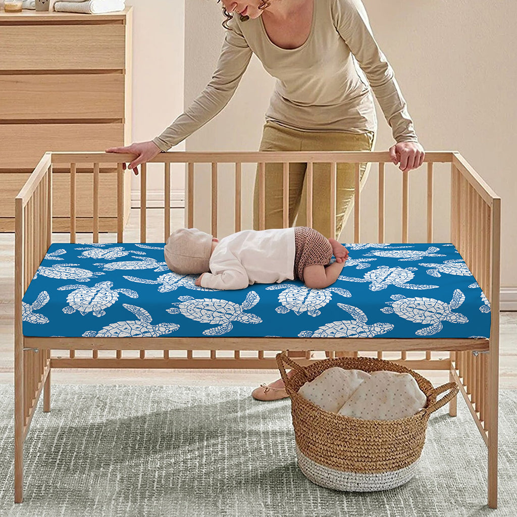 Blue And White Sea Turtle Pattern Print Baby Crib Sheet