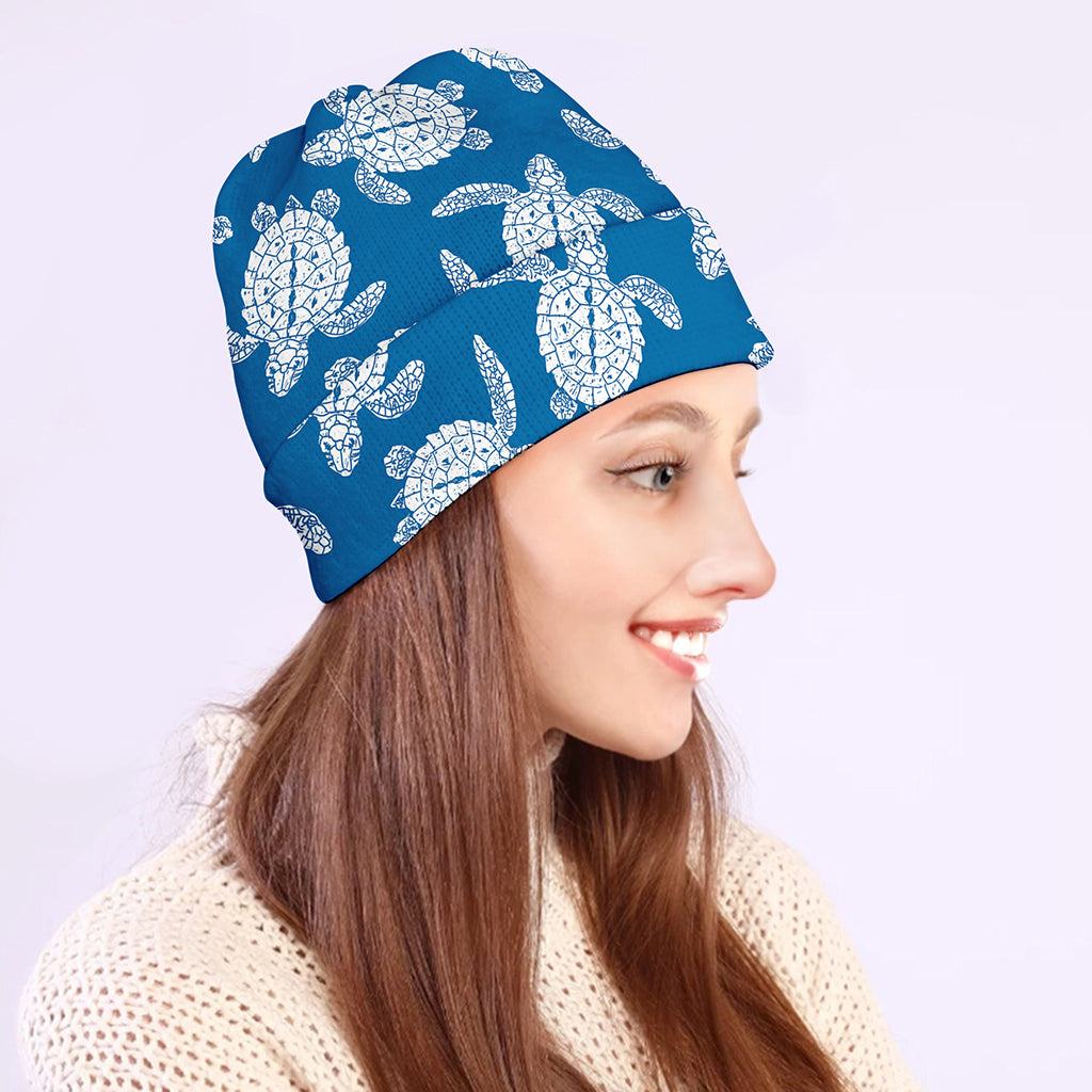 Blue And White Sea Turtle Pattern Print Beanie