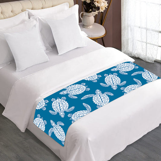Blue And White Sea Turtle Pattern Print Bed Runner
