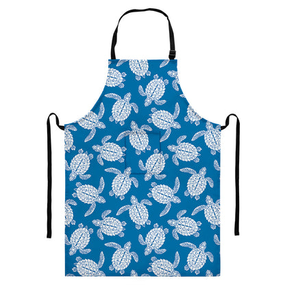 Blue And White Sea Turtle Pattern Print Bib Apron With Pocket