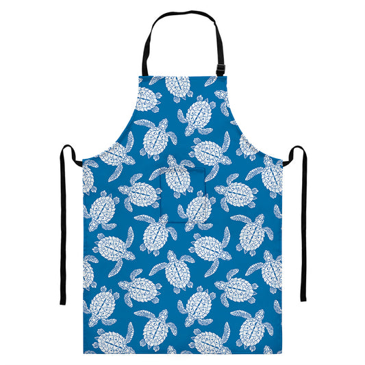 Blue And White Sea Turtle Pattern Print Bib Apron With Pocket