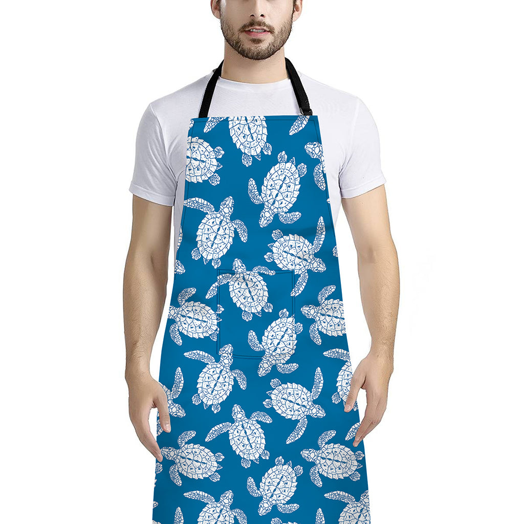 Blue And White Sea Turtle Pattern Print Bib Apron With Pocket