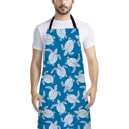 Blue And White Sea Turtle Pattern Print Bib Apron With Pocket