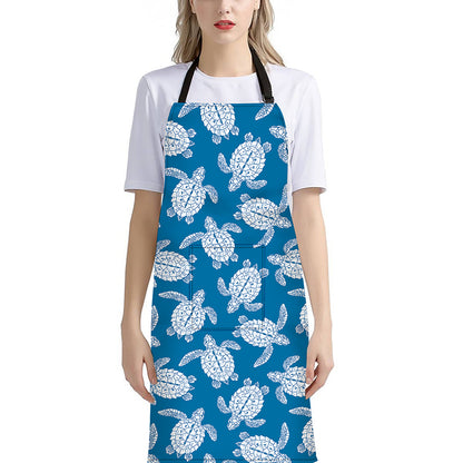 Blue And White Sea Turtle Pattern Print Bib Apron With Pocket
