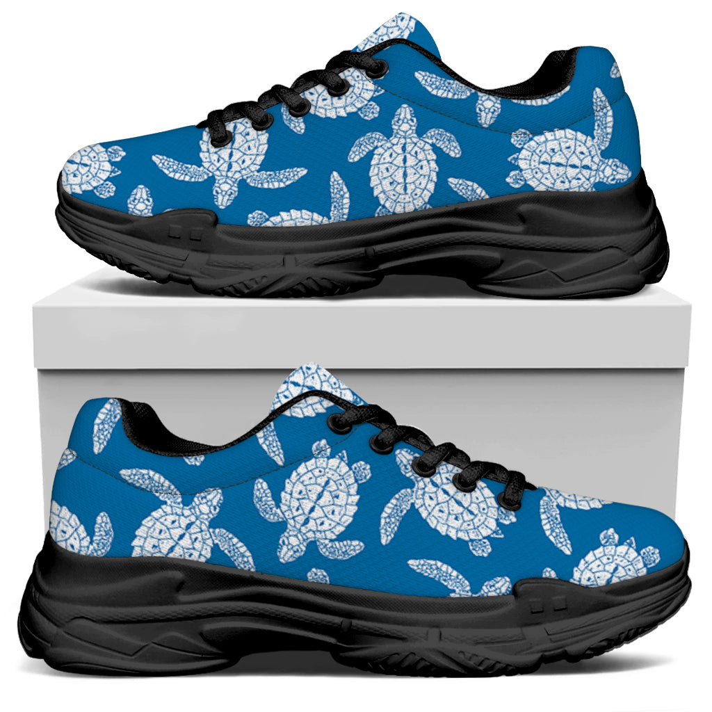 Blue And White Sea Turtle Pattern Print Black Chunky Shoes