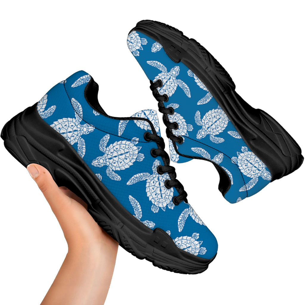 Blue And White Sea Turtle Pattern Print Black Chunky Shoes