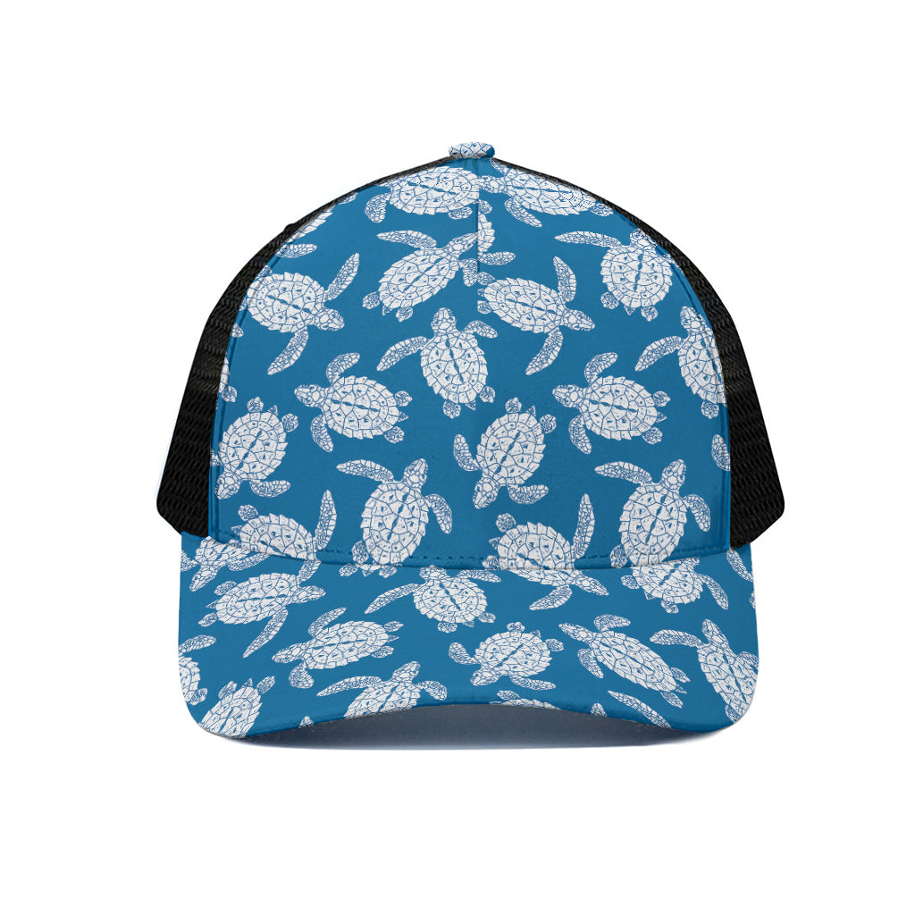Blue And White Sea Turtle Pattern Print Black Mesh Trucker Cap