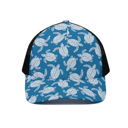 Blue And White Sea Turtle Pattern Print Black Mesh Trucker Cap