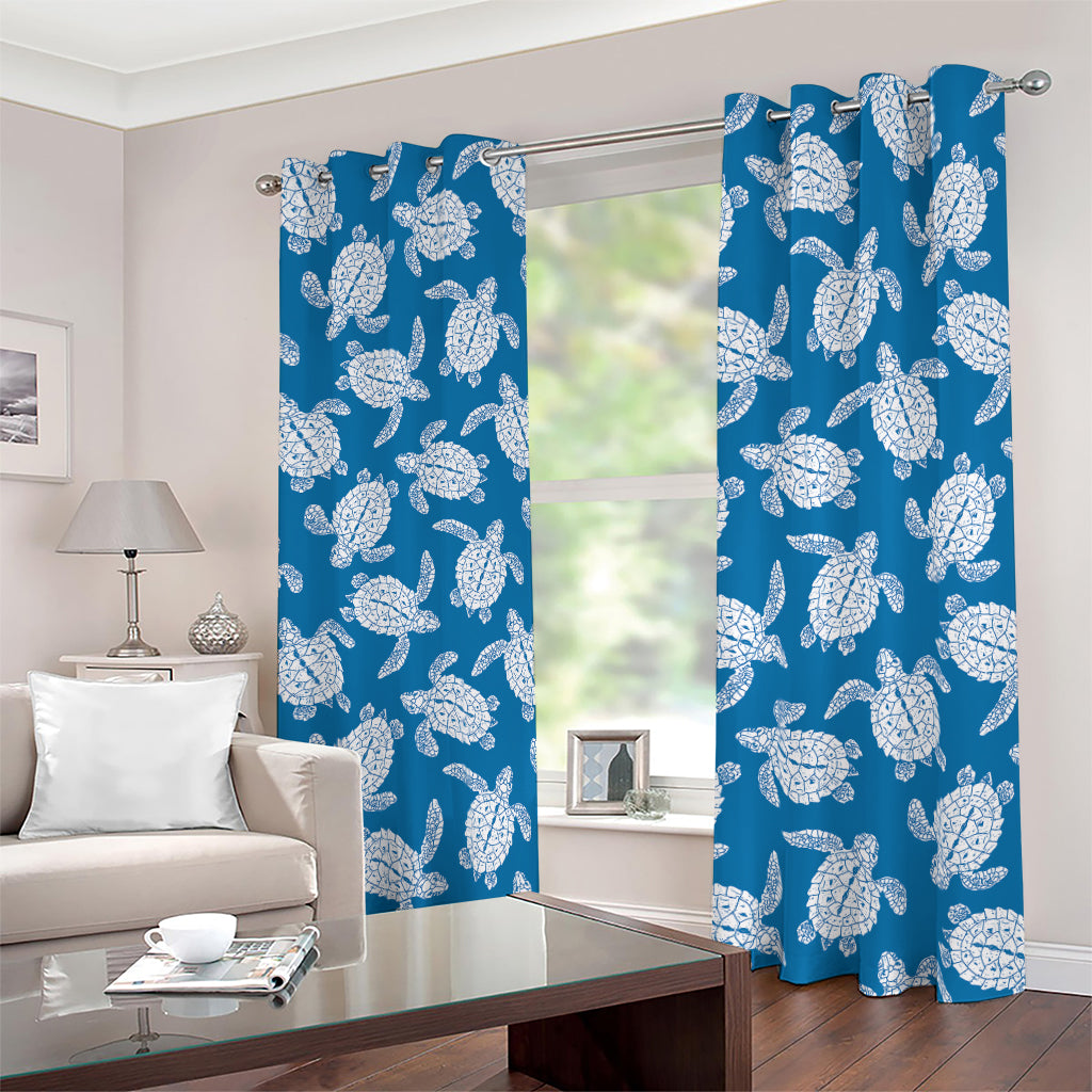 Blue And White Sea Turtle Pattern Print Blackout Grommet Curtains