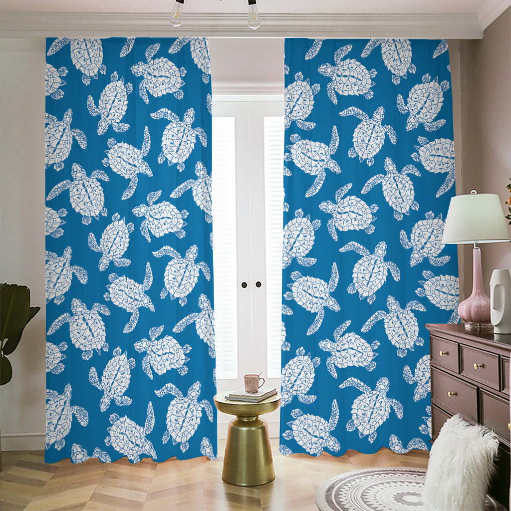 Blue And White Sea Turtle Pattern Print Blackout Pencil Pleat Curtains