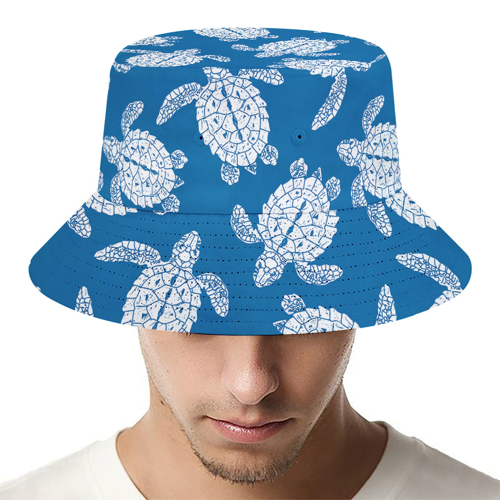 Blue And White Sea Turtle Pattern Print Bucket Hat