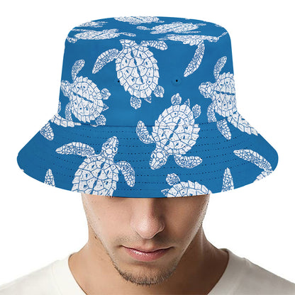 Blue And White Sea Turtle Pattern Print Bucket Hat