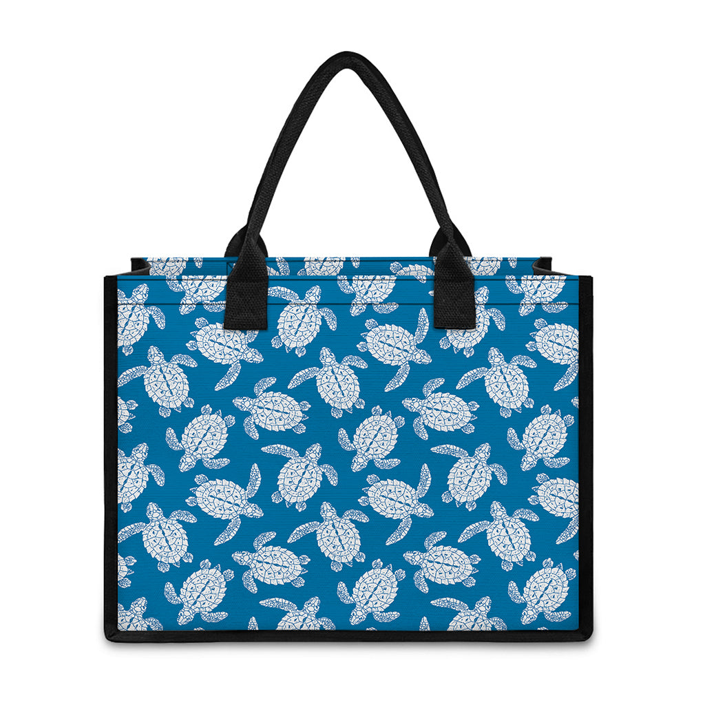 Blue And White Sea Turtle Pattern Print Canvas Tote Bag