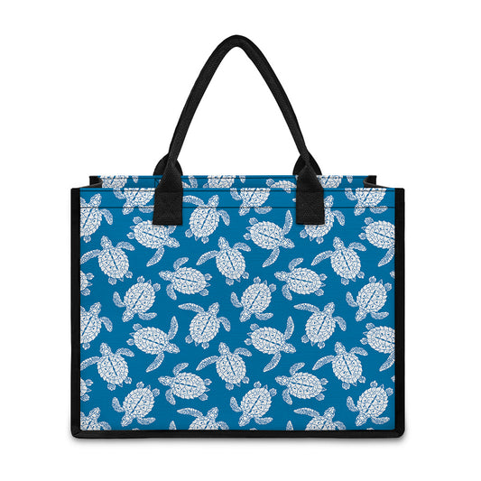 Blue And White Sea Turtle Pattern Print Canvas Tote Bag