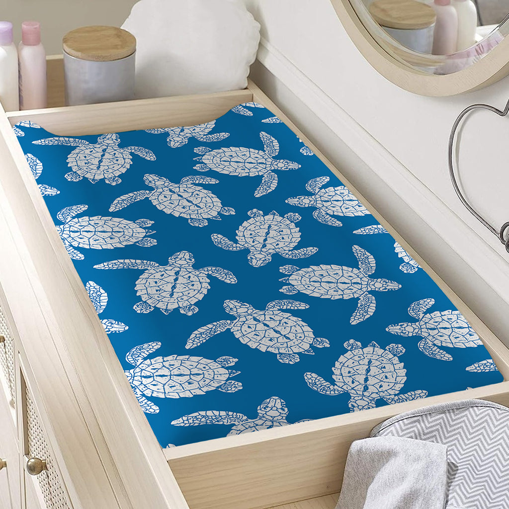 Blue And White Sea Turtle Pattern Print Changing Pad Cover