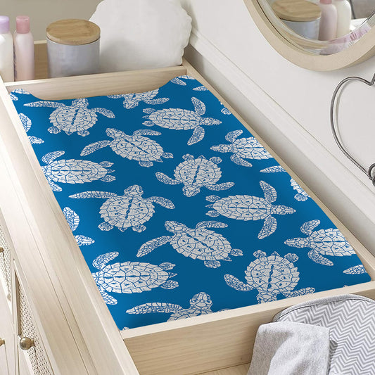 Blue And White Sea Turtle Pattern Print Changing Pad Cover