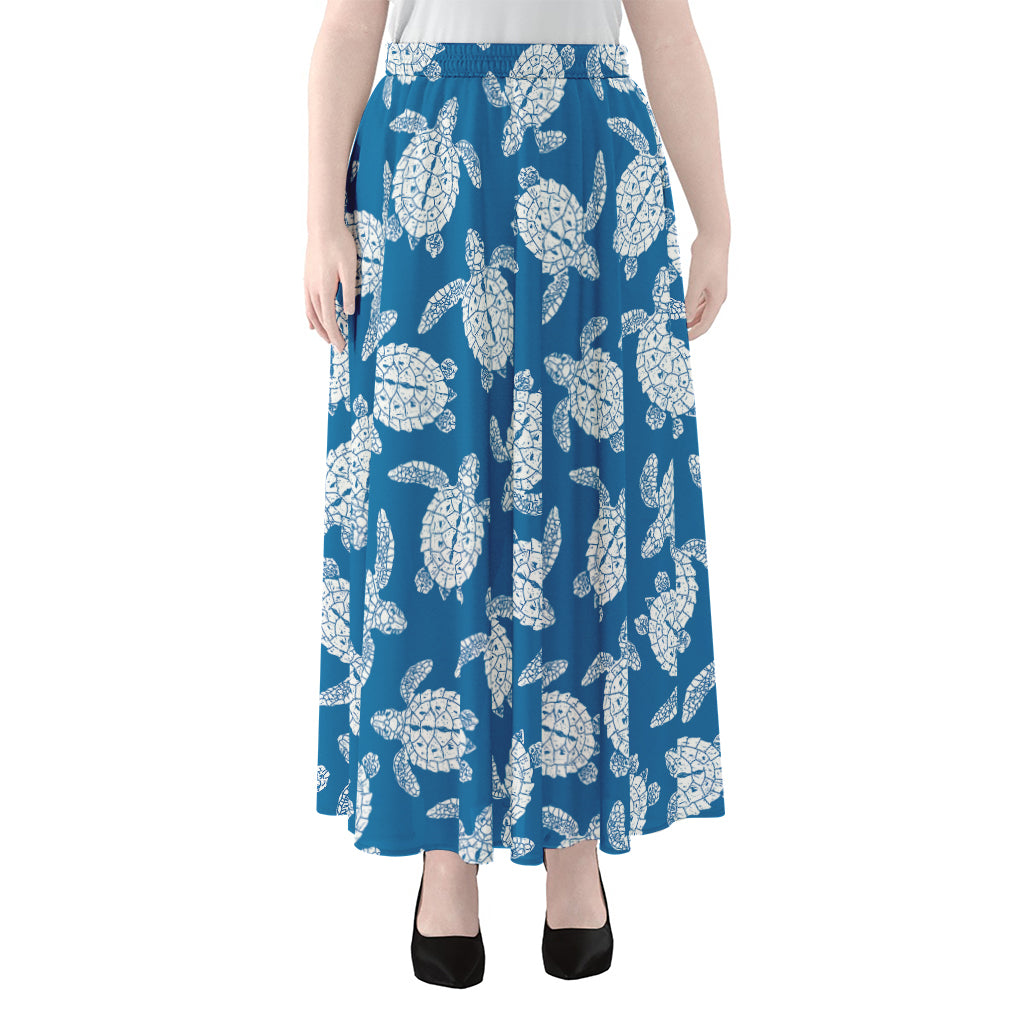 Blue And White Sea Turtle Pattern Print Chiffon Maxi Skirt