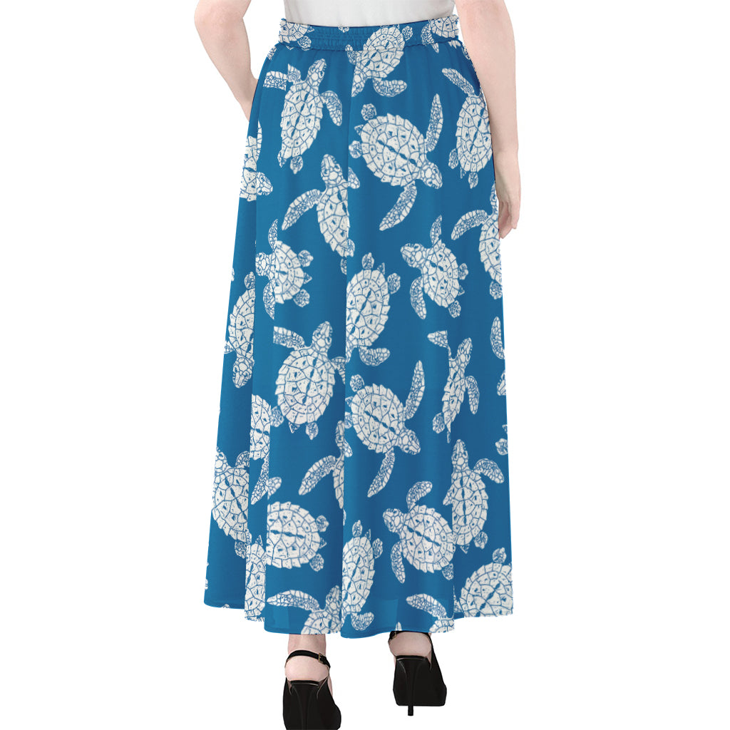 Blue And White Sea Turtle Pattern Print Chiffon Maxi Skirt