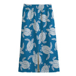 Blue And White Sea Turtle Pattern Print Cotton Front Slit Maxi Skirt