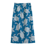 Blue And White Sea Turtle Pattern Print Cotton Front Slit Maxi Skirt