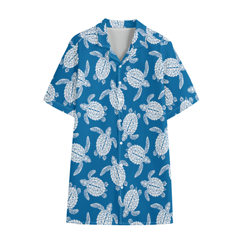Blue And White Sea Turtle Pattern Print Cotton Hawaiian Shirt