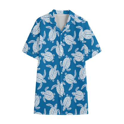 Blue And White Sea Turtle Pattern Print Cotton Hawaiian Shirt