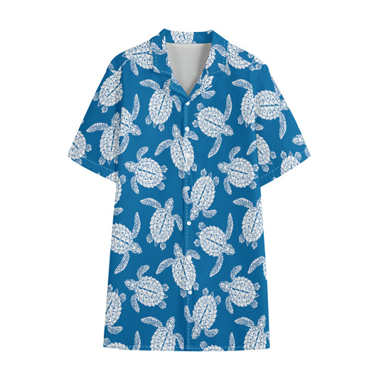 Blue And White Sea Turtle Pattern Print Cotton Hawaiian Shirt