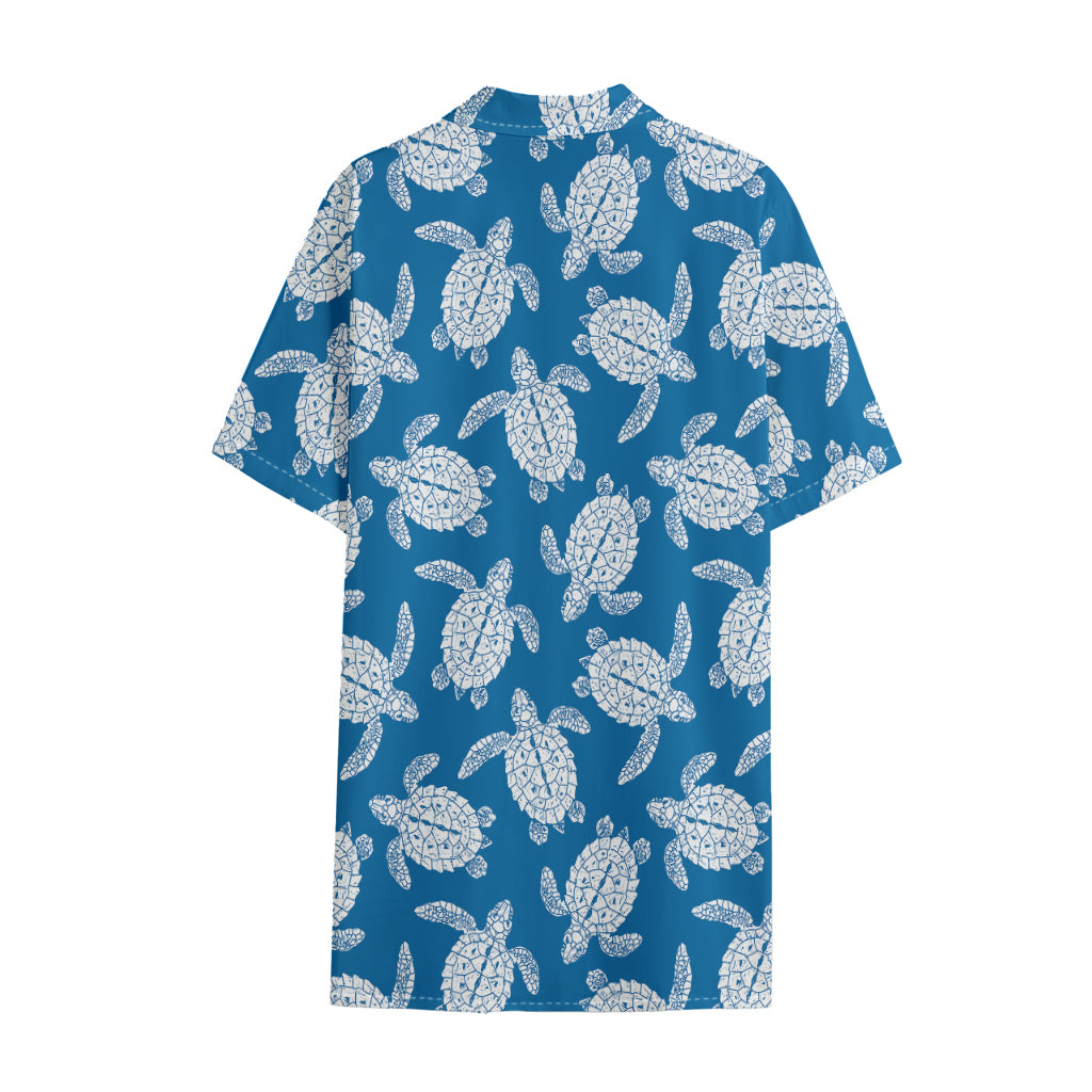 Blue And White Sea Turtle Pattern Print Cotton Hawaiian Shirt