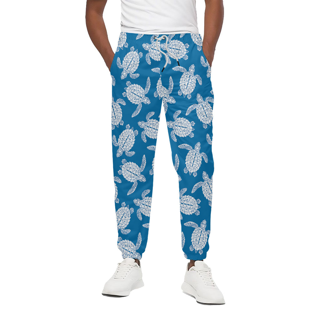 Blue And White Sea Turtle Pattern Print Cotton Pants