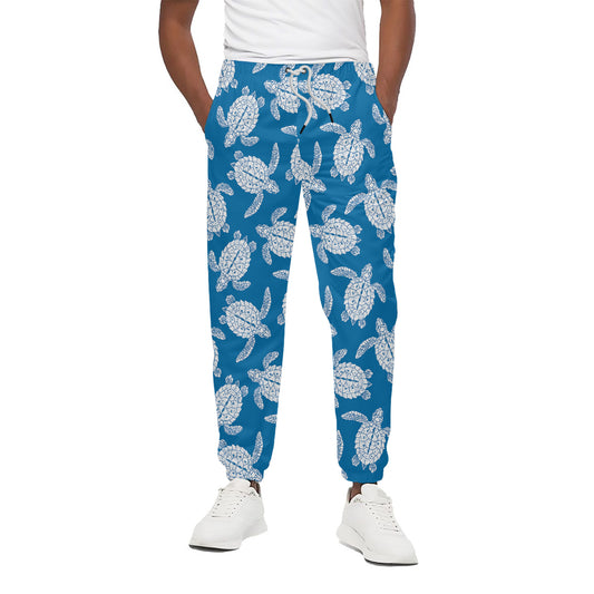 Blue And White Sea Turtle Pattern Print Cotton Pants