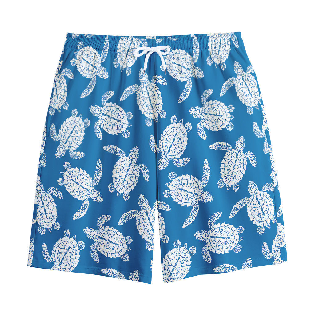 Blue And White Sea Turtle Pattern Print Cotton Shorts