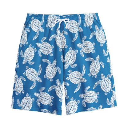 Blue And White Sea Turtle Pattern Print Cotton Shorts