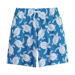 Blue And White Sea Turtle Pattern Print Cotton Shorts