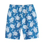 Blue And White Sea Turtle Pattern Print Cotton Shorts