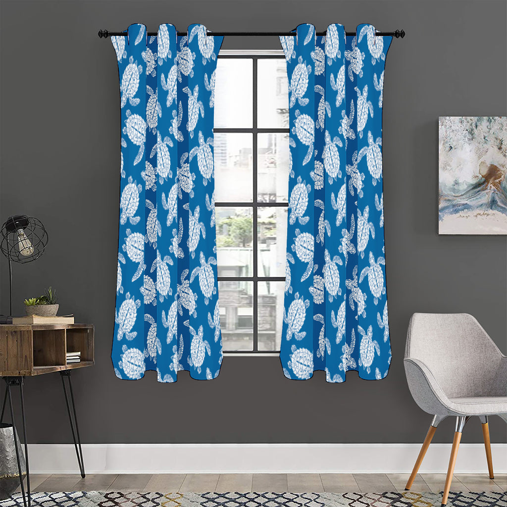 Blue And White Sea Turtle Pattern Print Curtain