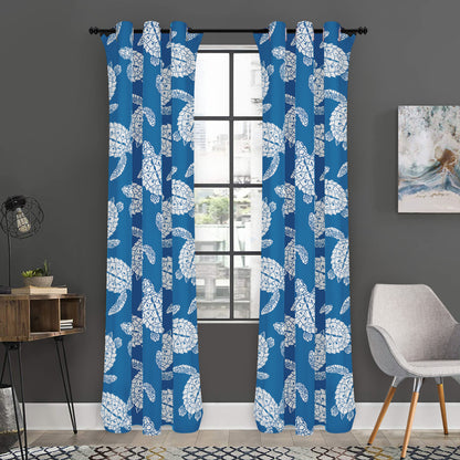 Blue And White Sea Turtle Pattern Print Curtain