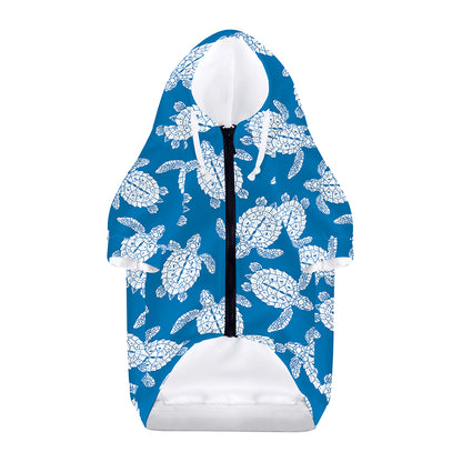 Blue And White Sea Turtle Pattern Print Dog Zip Up Hoodie