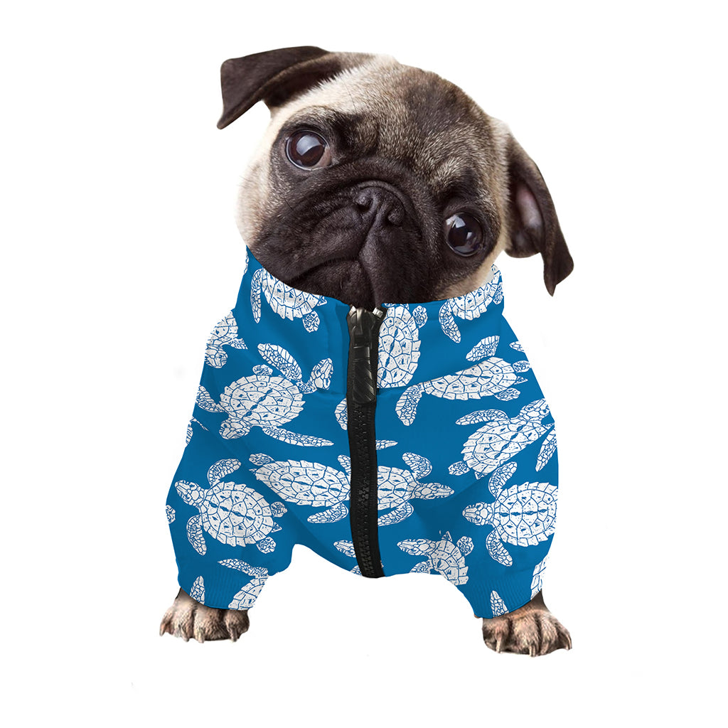 Blue And White Sea Turtle Pattern Print Dog Zip Up Jacket