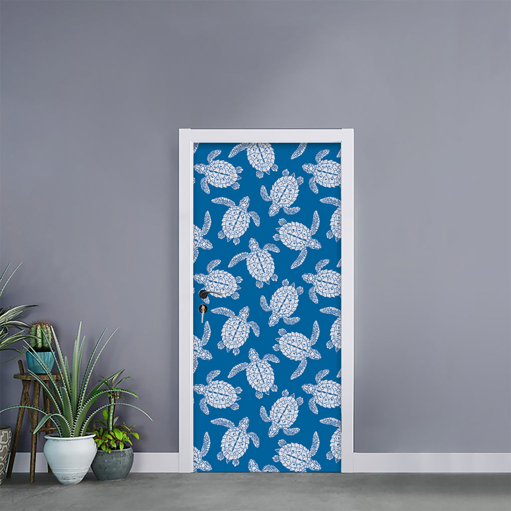 Blue And White Sea Turtle Pattern Print Door Sticker