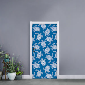 Blue And White Sea Turtle Pattern Print Door Sticker