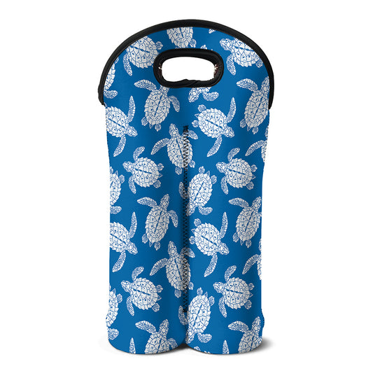 Blue And White Sea Turtle Pattern Print Double Neoprene Wine Tote
