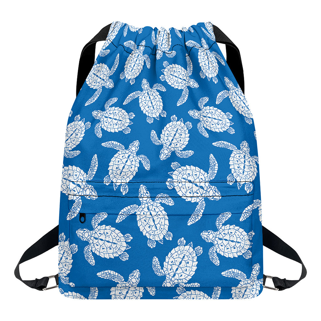 Blue And White Sea Turtle Pattern Print Drawstring Backpack