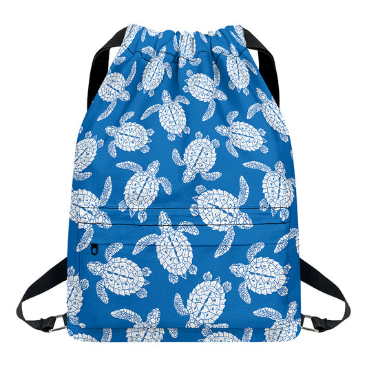 Blue And White Sea Turtle Pattern Print Drawstring Backpack